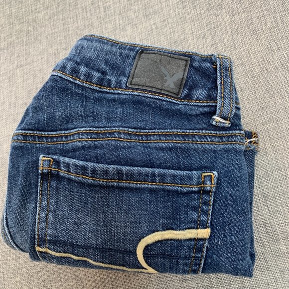 American Eagle Outfitters Super Stretch Denim Shorts Size 00 Low Waist W/Fringe - Picture 12 of 13